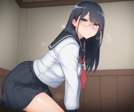 masterpiece, best quality, amazing quality,  sfw, 1girl, solo,  looking at viewer,   shirt, sailor collar, pleated skirt,  long hair, glasses,   <lora:Shirabe Shiki style ILL-v2:1.2> shirabe_shiki