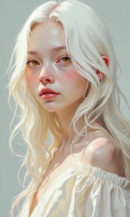 Close-up of a young woman with pale skin and long, flowing white hair. 
Her skin tone is exceptionally pale, almost white, and appears smooth.  Her lips are a soft, rosy pink. 
Her eyes are a striking, golden-orange color. The eye color contrasts sharply with her pale complexion and white hair. 
The hair is long, voluminous, and appears to have a natural wave or curl to it. It drapes around her shoulders and down her back. 
She is wearing a light cream-colored or white, loose-fitting blouse, visible mainly around her shoulders and upper chest. 
The lighting in the image is soft, casting no harsh shadows, which highlights the intricate details of her facial features and the texture of her hair and clothing. The background is a plain, light gray or white, which keeps the focus on the subject.
<lora:FLUX-daubrez-DB4RZ-v2:1> DB4RZ, DB4RZ style painting