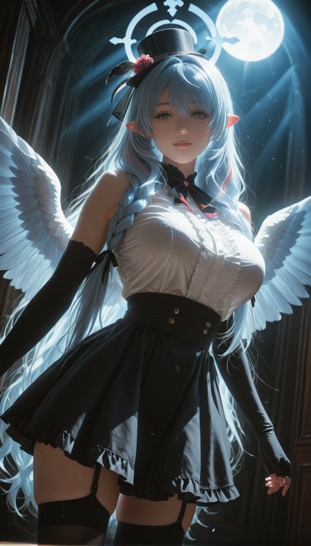 <lora:LCMTurboMix_Euler_A_fix:1> <lora:example_SDXL:0.3>, EZRealPONYXL, <lora:Dramatic Lighting Slider:3> <lora:realistic filter [IL]:1>
DSLR,realistic,cosplay photo, (very awa,masterpiece,best quality,year 2024,newest,absurdres,highres:1), realistic,skin texture,facial features, photography shot with Canon EOS 5D Mark IV , realistic, RAW, best quality, masterpiece, amazing quality, skin details,
1girl, highly detailed beautiful face, large natural breasts,
detailed background, shiny skin, dutch angle, night, moonlight,
beautiful detailed eyes, intricate details, absurdres, anime screencap,
<lora:AomoriMine_BlueArchive_ILXL_kill0825:1>
AomoriMine, large breasts, very long hair, green eyes, blue hair, braid, multicolored hair, pointy ears, streaked hair, halo, twin braids, feathered wings, angel wings, low twin braids, blue wings, hair ornament,
shirt, skirt, gloves, thighhighs, hat, hair between eyes, bare shoulders, white shirt, flower, frills, hairband, wings, sleeveless, black gloves, pointy ears, black thighhighs, elbow gloves, black skirt, fingerless gloves, black footwear, halo, zettai ryouiki, black headwear, sleeveless shirt, garter straps, black hairband, feathers, feathered wings, angel wings, top hat, white wings, hat flower, center frills, blue halo, white feathers, black garter straps, falling feathers, hat feather, blue halo,
dynamic pose, seductive smile, from below, close up,