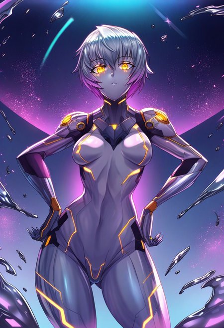 score_9, score_8_up, score_7_up, score_6_up, score_5_up, score_4_up, 2D, ibenz,
BREAK
1girl, liquid mercury, solo,
silver body, short hair, silver hair, 
((yellow lines, yellow eyes, glowing eyes)), ((petite, small breasts, short height)), 
confident pose, hands on hips, 
(cyberspace) black background, blue energy lines, blue code, detailed background,