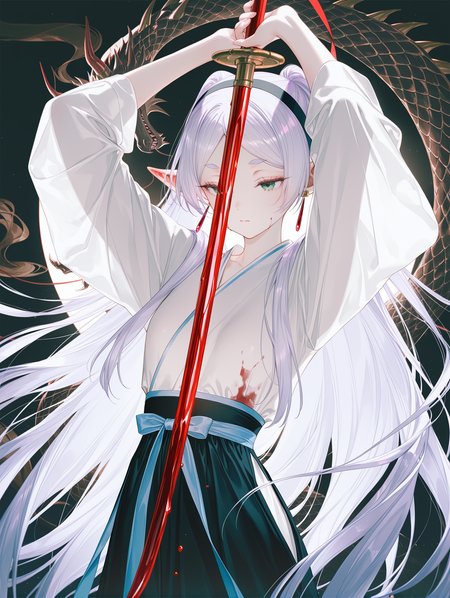 artist:gomzi,artist:wanke,artist:diyokama,
frieren,frieren,sousou_no_frieren 
rei_(sanbonzakura),[[artist:fuzichoco]],year 2024,
((((alternate_costume)))),solo,
hanfu,black pupil,holding shiny sword ,arms up, 
half close eyes,blood,beautiful hair band,dragon background,backlighting,
,masterpiece,best quality,amazing quality,