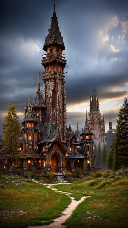 Tribal style, 
Gothic style, 
Masterwork Painting, Magnum Opus, 
 <lora:Wizard_Tower:0.75> witow, castle, cloud, cloudy sky, grass, no humans, scenery, sky, tower, tree, 
<lora:Fantasy_Mountains:0.75> fanmou, footprints, forest, grass, nature, no humans, outdoors, sky ,
  highres, 8k, uhd, High Dynamic Range, tonemapping, crisp details,  intricate details, fine details,
. Dark, mysterious, haunting, dramatic, ornate, detailed,
. Indigenous, ethnic, traditional patterns, bold, natural colors, highly detailed