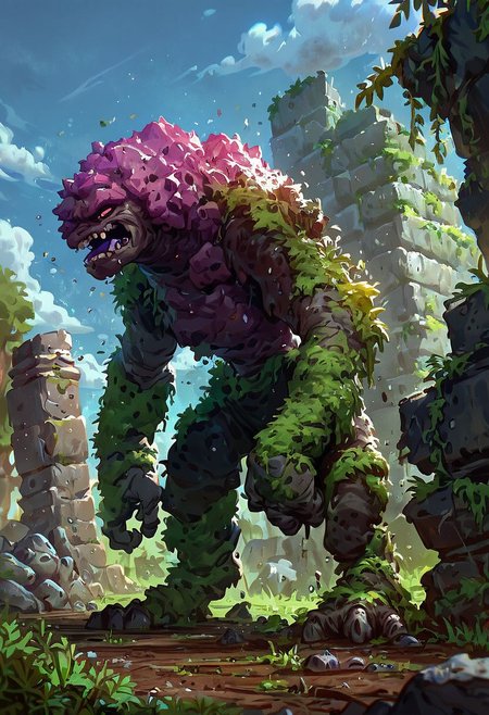score_9,score_8_up,score_7_up, 
giant rock GOLEM with plants growing on shoulders, rough rocks, rough stone, unpolished, dirty, ancient, STANDING,