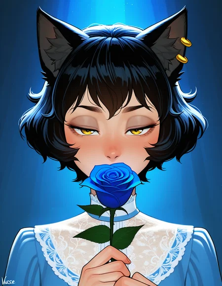 incase, (masterpiece, best quality, ultra-detailed, absurdres, newest, detailed textures, correct anatomy,  very aesthetic:1), 1girl, 1girl, looking at viewer, earrings, fashionable dress, (holding the stem of a big rose), sniffing rose, brings a rose to her face, half-closed eyes, close up portrait, cinematic composition, blue theme, intricate, elegant, highly detailed, symmetry, magical atmosphere, sharp focus, majestic, very coherent, radiant, advanced, cinematic, artistic, fine detail, winning, beautiful, stunning, dramatic light, designed, rich deep colors, perfect professional background, ambient, tailored set composition, kali belladonna \(rwby\), black hair, yellow eyes, mature female, cat ears, animal ear fluff
