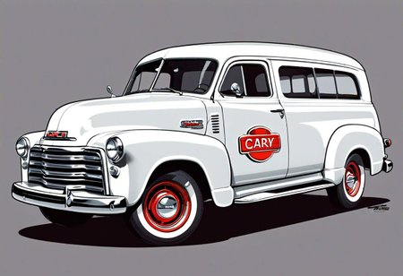 print ready vector t-shirt design, illustration 1952 GMC suburban cary all, sticker, clean white background, professional vector, high detail, t-shirt design,  by greg rutkowski