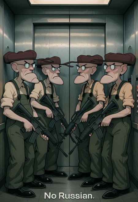 embedding:IllusP0s, no russian, elevator, holding weapon, assault rifle, 4boys, Eustace, Bagge, pointy chin, Green overalls, yellow shirt, hat, glasses, grumpy expression,