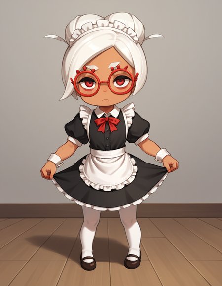 zPDXL, score_9, score_8_up, score_7_up, source_anime, 1girl, solo,
 <lora:LilPurah_v1.2:0.8> purah, sheikah, white hair, dark-skinned female, child, thick eyebrows, red eyes, red-framed eyewear, hair bun, (maid-outfit, white-pantyhose, mary-janes, maid-headdress, maid-apron),