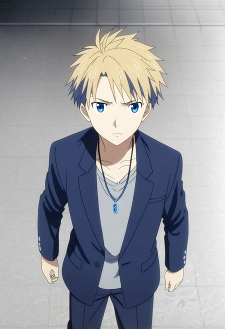 high resolution, solo, best quality, 1Boy, Yamato Ishida, Blond Hair, Blue Eyes, Necklace, school, school uniform, OverallDetail
