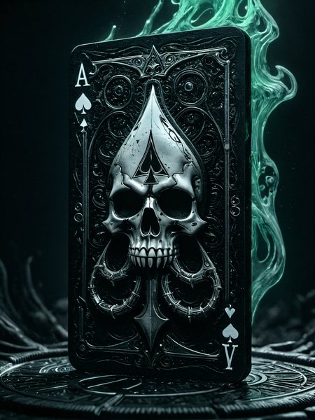 Horror-themed H.R. Giger style illustration of the Ace of Spades, glow effects, godrays, Hand drawn, render, 8k, octane render, cinema 4d, blender, dark, atmospheric 4k ultra detailed, cinematic, Sharp focus, big depth of field, Masterpiece, colors, 3d octane render, 4k, concept art, trending on artstation, hyperrealistic, Vivid colors, extremely detailed CG unity 8k wallpaper, trending on CGSociety, Intricate, High Detail, dramatic . Eerie, unsettling, dark, spooky, suspenseful, grim, highly detailed