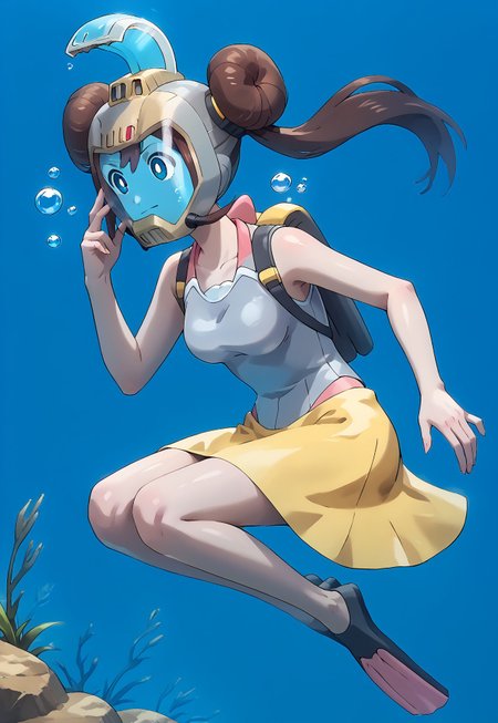 safe_pos, full body, score_9, score_8_up, score_7_up, score_6_up, score_5_up, score_4_up, source_anime, official art, long hair, brown hair, double bun, twintails,  blue eyes, white pupils, medium breasts, collarbone, light-blue halterneck top, yellow sarong, (pink fins_ovwp1), bare legs, swimming, floating
BREAK
(aarosa wearing (snug fitting, head-sized(silver divehelm-tr))), (helmet overlapping chin), (helmet overlapping hair), colored face:0.45, blue face, blue glass visor, headlamp BREAK underwater cavern, seaweed, neck 
BREAK hair through headwear, blue background, bubbles, BREAK snugly on head, regulator, breathing tube,  (yellow oxygen tank, rebreather|backpack), 
