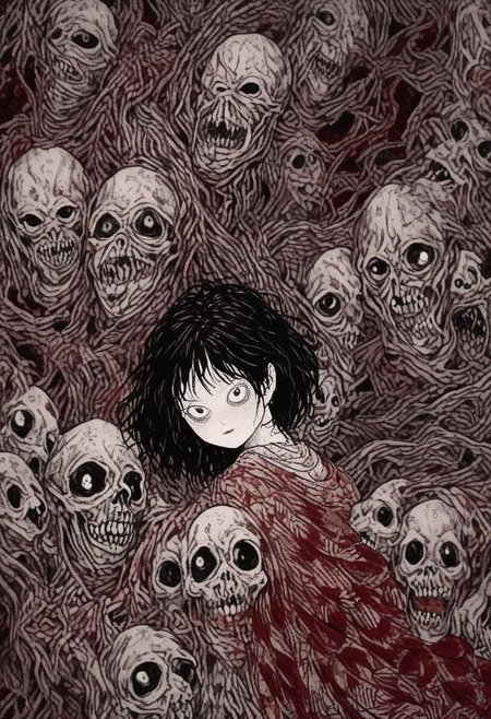 horror painting  , young woman cradling a skull surrounded by endless blood red velvet blankets ,  in the style of  takato yamamoto    , <lora:takma2:1>