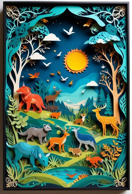 3D papercut shadow box of a parallel universe where animals have evolved to use technology, Patchwork Style, layered, dimensional, depth, silhouette, shadow, handmade, by various contemporary artists. 
concept-art, fantasy, epic, majestic, magical, dreamy, perspective, light and shadow, moody, epic, 
beautiful, painterly, aesthetic, textural, vivid, vibrant, intricate details, highly detailed, ultra-detailed, absurdres, 
aid291, ptchkrawk , Jed-pprct