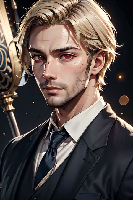Master piece, highest quality, highest possible OverallDetail, semirealistic,  red eyes,
Create an elder of a cultivator sect.
The character looks like he is in his late twenties or early thirties. He is handsome.
He has blond shoulder-length shaggy hair. 
His eyes are darkblue. Detailed face. .