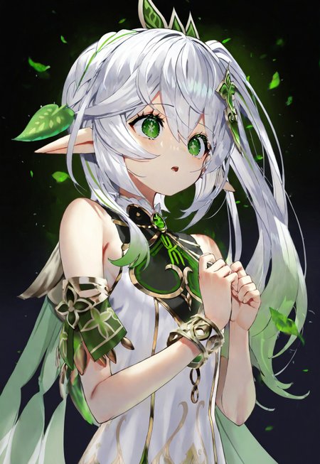 safe_pos, scottie \(phantom2\), genshin impact, nahida \(genshin impact\), 1girl, bare shoulders, bracelet, braid, breasts, cape, crown braid, dress, gradient hair, green cape, green eyes, green hair, hair ornament, jewelry, leaf, leaf hair ornament, long hair, multicolored hair, open mouth, pointy ears, side ponytail, sidelocks, sleeveless, sleeveless dress, small breasts, solo, symbol-shaped pupils, white dress, white hair, dark background, panic