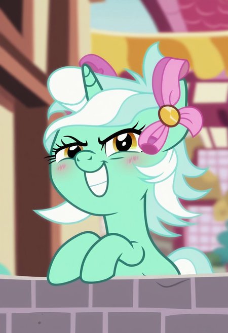 score_9, score_8_up, score_7_up, score_6_up, score_5_up, score_4_up, rating_safe, (masterpiece), (extremely intricate:1.3), (animated screencap), close up, dutch angle, from below, Lyra Heartstrings, unicorn, female, mare, pony, solo, blushing, hopeful expressions, my little pony, show accurate, g4, detailed, beautiful, blurry background, outdoors, ponyville, cobblestone street, grin, closed mouth, looking at viewer, vignette,