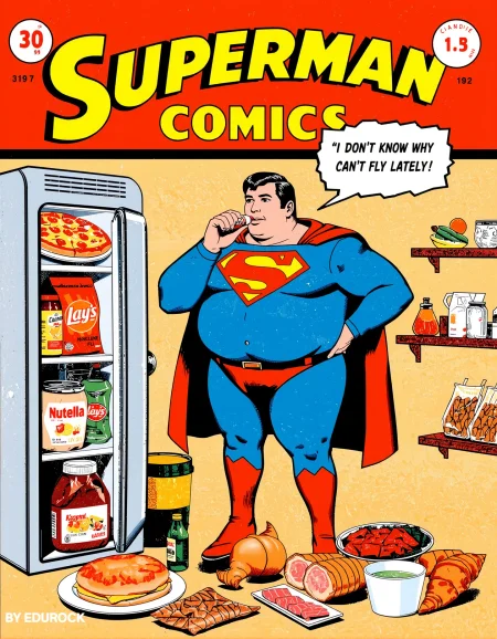 superman vintage comic cover "SUPERMAN" subtitle bold:"COMICS" fat handsome superman, drinking coke, speech bubble saying bold "I DON'T KNOW WHY CAN'T FLY LATELY", refrigerator, pizzas, hamburguer, lay's chips, nutella, sandwich, croissant, cookies, ketchup, meat,  chicken thighs, food on the floor, bottom text "BY EDUROCK"<lora:Hand v2:1> <lora:Anti-Blur:1>  <lora:RomanceBookCover01-00_CE_FLUX_128AIT:1> rmcebkCE style