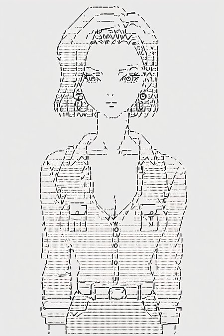 score_9, score_8_up, score_7_up, score_6_up, score_5_up, score_4_up,  <lora:android-18-ponyxl-lora-nochekaiser:0.8> ,android 18, eyelashes, hoop earrings, short hair, earrings, belt, legwear, shirt, breast pocket, cleavage, collarbone, jewelry, long sleeves, pocket, shirt, shirt tucked in, 1girl, <lora:ascii_character:1>,  ascii_art_style, monochrome, greyscale, masterpiece, highres, white background, simple background