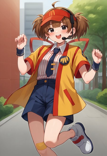 score_9, score_7_up, hd, (ultra hd quality details), source_anime, outdoors,
1girl, solo, dctabemi, brown hair, short twintails, ahoge, black eyes,
visor cap, headset, jacket, open jacket, short sleeves, necktie, white shirt, striped shirt, collared shirt, blue shorts, wristband, bandaid on knee, 
looking at viewer, blush, smug, upper teeth only, 
jumping, shoes,
 <lora:_dabuchi_tabemi-elesico-pony-000009:1>