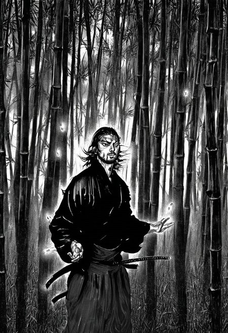 Vagabond, three-quarter view of Miyamoto Musashi in a bamboo grove at dusk, turning toward viewer, hands mid-air, fingers wide, fireflies glowing faintly.