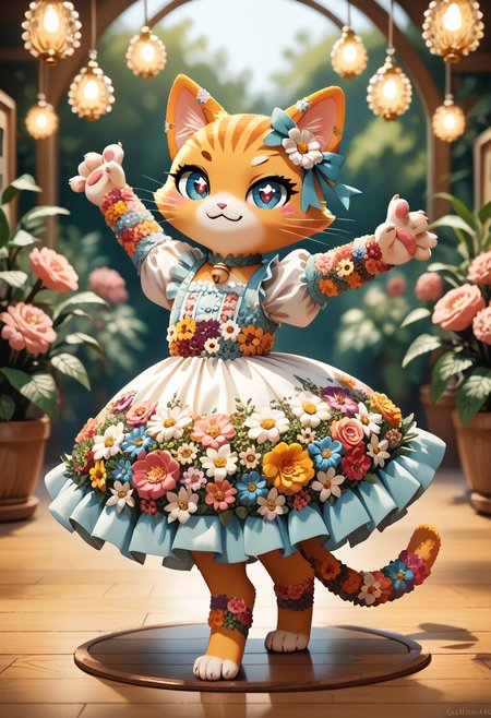score_9, score_8_up, score_8, source_furry,
slimes_flowerwm,
1girl, solo, (cat:1.05), cute, heart pupils, smug, tail, standing, dancing,
blurry background, dress made of flowers,
sunny meadow background, 
pikaole