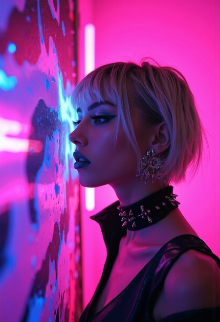 neon noir  A photographic blend of two images:
1) A stylized portrait of a young woman with striking makeup, including black eyeliner, dramatic dark lips, and smoky gray eyeshadow, contrasted against a vibrant pink background. Her hair is dyed in shades of silver, giving her an edgy, futuristic look. She wears a black choker adorned with spikes and sports a pair of statement earrings. Her gaze exudes confidence and her expression is one of intense focus.
2) An artistic rendering of a neon-lit abstract surface that appears to be in motion or melting, creating a dynamic visual effect. The colors are bright and saturated, with the dominant hues being pink, purple, and blue, which together form a gradient background.
Combining these two images into one creates a photorealistic, high-resolution image that seamlessly transitions from a realistic portrait to an abstract neon dreamscape. The composition is balanced, with the subject on the left side providing a strong focal point against the more abstract and colorful background. Depth of field blurs the subject's body to focus on her face, while the background remains in sharp detail to draw attention to its vibrant energy.
The lighting is dramatic, with a soft, diffused light source creating gentle shadows on the subject and enhancing the neon effect in the abstract section. The mood of the image is surreal and dreamlike, invoking feelings of freedom, self-expression, and the blending of reality with imagination.  . cyberpunk, dark, rainy streets, neon signs, high contrast, low light, vibrant, highly detailed