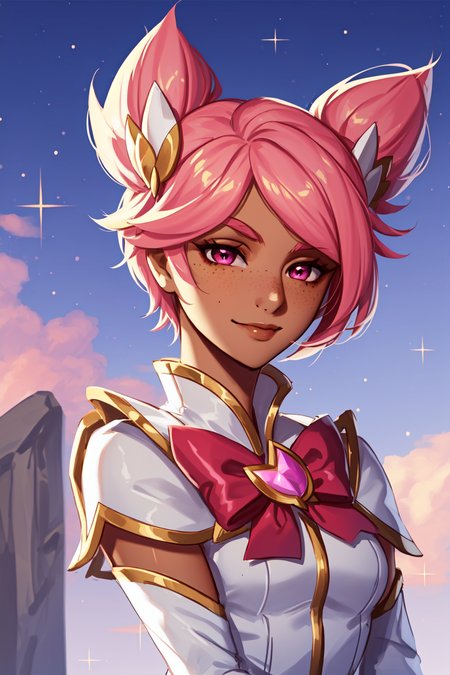 taliyah, 1girl, solo, smile, short hair, bangs, hair ornament, bow, twintails, closed mouth, upper body, pink hair, outdoors, alternate costume, shiny, dark skin, bowtie, pink eyes, shiny hair, official alternate costume, dark-skinned female, freckles, star guardian (league of legends), star guardian, star guardian taliyah, 
thick eyebrows, freckles, <lora:taliyah-21:0.5>