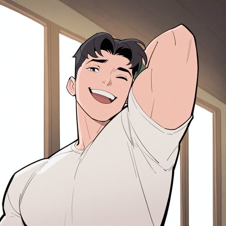 <lora:TIM_DRAKE-IL:1>tim_drake, solo, looking at viewer, smile, open mouth, short hair, shirt, black hair, 1boy, white shirt, upper body, male focus, short sleeves, teeth, one eye closed, indoors, black eyes, arm up, window, upper teeth only, ;d, t-shirt, armband, wristband, arm behind head, twenty-something, muscular, western comics (style), motion blur, film grain, abstract, natural lighting, fantasy, cinematic, dynamic, very awa, masterpiece, best quality, absurdres, newest, perfect quality, detailed background, intricate details, (artist:fl \(l-fl\):0.7), (artist:tooboshoo:0.7), (artist:dizdoodz:0.8)