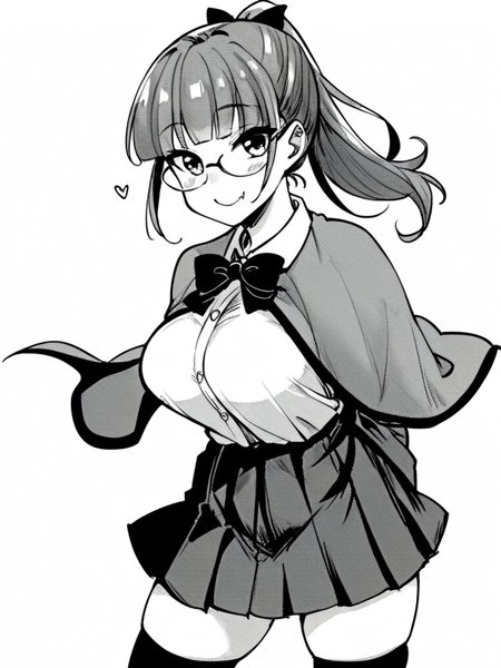 score_9, score_8_up, score_7_up,  
1girl, monochrome, kamona Chiaki, ponytail, grey hair, large breasts, glasses,

standing, smile, arms behind back, school uniform, long sleeves, cape, bowtie, pleated skirt, thighhighs, looking at viewer, closed mouth, fang, white background,