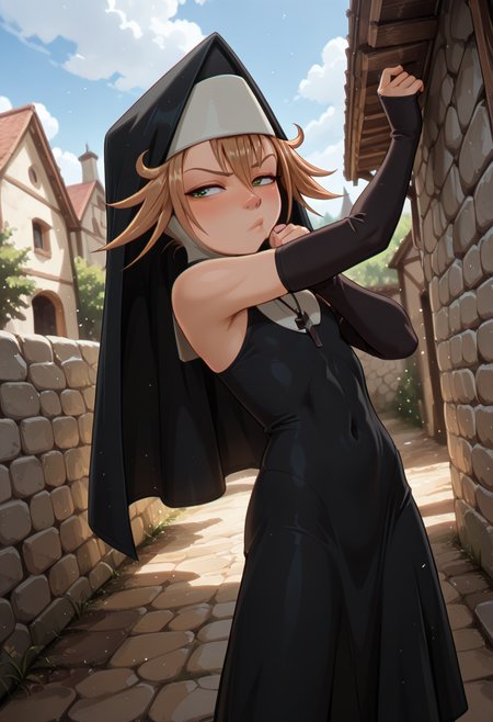 masterpiece, best quality, 32k, high resolution, absurdres 
1girl, solo, toddy, brown hair, green eyes
habit, nun , nun dress, elbow gloves, cross necklace,
dynamic pose, standing behind stone wall, blushing, teasing,
outdoors, stone wall, countryside, small village church in the background, day, cloudy day
light particles, dynamic angle,  cinematic angle, various angles, detailed background, beautiful background, (rays light:1.0),(grow:1.0) vivid colors, shiny and glossy, anime style, high-res, beautiful aesthetic, very intricate, high-quality details, vibrant, 
<lora:add-detail-xl:1.10> <lora:spo_sdxl_10ep_4k-data_lora_webui:0.95> <lora:noobai_ep11_stabilizer_v0.138_fp16:0.6> <lora:StS-Illustrious-Detail-Slider-v1.0:1.10> <lora:cfg_scale_boost:0.95> <lora:nyalia:0.20>   <lora:theodosia_illustrious:0.8>