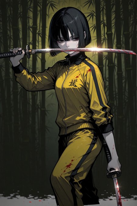 1girl, solo, black hair, bob cut, hair between eyes, solid black eyes, detailed eyes, looking to the side, mole under eye, expressionless, pale skin, standing, holding katana, glint, two-handed, blood, blood on face, blood on clothes, track suit, blood on weapon, weapon focus, striped yellow jacket, blood stain, yellow jumpsuit, upper body, spot color, bamboo background, blurry background, no lineart, no outline, blending, r17329_illu,Sinozick_illu, 
