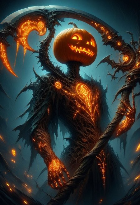 masterpiece, ultra high quality, UHD, HD,midjourneyv6.1, detailxl,
a man with a pumpkin head, wearing business clothes, holding a scythe , DonM5cy7h3XL , spooky, the scythe  is covered in orange Glowing Runes