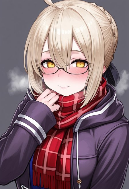 H1r0n3,masterpiece, best quality, amazing quality, intricate details,  looking at viewer,  mature female, plump,
1girl, solo, artoria pendragon \(fate\), mysterious heroine x alter \(fate\), hair between eyes, blonde hair, looking at viewer, mysterious heroine x alter \(first ascension\) \(fate\), ahoge, scarf, smile, upper body, braid, plaid scarf, blush, bangs, plaid, closed mouth, red scarf, yellow eyes, grey background, sidelocks, hair ribbon, jacket, sleeves past wrists, breath, open clothes, coat