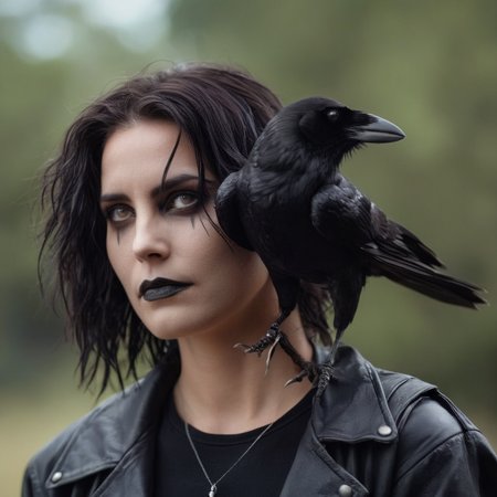 cinematic film still of  <lora:graphic novel style:1.2>
Female version of Eric Draven choppy hair a woman with a crow on her shoulder In graphic novel style, shallow depth of field, vignette, highly detailed, high budget, bokeh, cinemascope, moody, epic, gorgeous, film grain, grainy