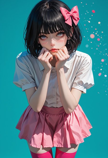 safe_Pos, score_9, score_8_up, score_7_up, Expressiveh, source_anime, s1_dram, uk1h4j1m3, g4n1m3, jsyu_style, IIIIIIIIIIIIIIIIIIIIIIIIIIIIIIIIIIIIIIII,
1girl, otoko no ko, short hair, bob cut hair, black hair, grey eyes, gray eyes, feminine face, toned body, Shelly, white blouse, pink mini skirt, pink mini-skirt, thighhighs, pink thighhighs, hair bow, highly detailed, intricate, cute pose, modelshoot, abstract background, cowboy shot, solo