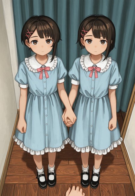masterpiece,best quality,amazing quality,2girls, multiple girls, dual persona, brown hair, short hair, brown eyes, single sidelock, asymmetrical hair, expressionless, dress, blue dress, hair ornament, short sleeves, hairclip, puffy sleeves, puffy short sleeves, shoes, frills, looking at viewer, holding hands, standing, full body, from above, x hair ornament, wooden floor, black footwear, indoors, pink bow, closed mouth, curtains,horror (theme),MANUHAMU,