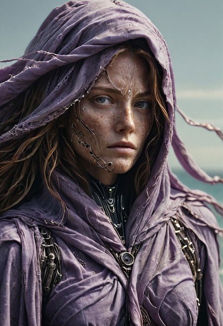 Super Closeup Portrait, Create a DARK dystopian description capturing the essence of a freckled cyborg Female feudal shinobi in a close-up photograph, featuring real human white-grey eyes with an intense gaze. The subject has long flowing hair, draped in a purple ghostly linen cloak billowing in the wind. The face is a striking fusion of half-cyborg with intricately crafted gold elements and half-human skin, creating a mesmerizing and enigmatic presence. standing at the ocean in bright sunlight, ethereal, sunray, 
very detailed, atmospheric haze, Film grain, cinematic film still, shallow depth of field, highly detailed, high budget, cinemascope, moody, epic, OverallDetail, gorgeous, 2000s vintage RAW photo, photorealistic, candid camera, color graded cinematic, eye catchlights, atmospheric lighting, skin pores, imperfections, natural, shallow dof