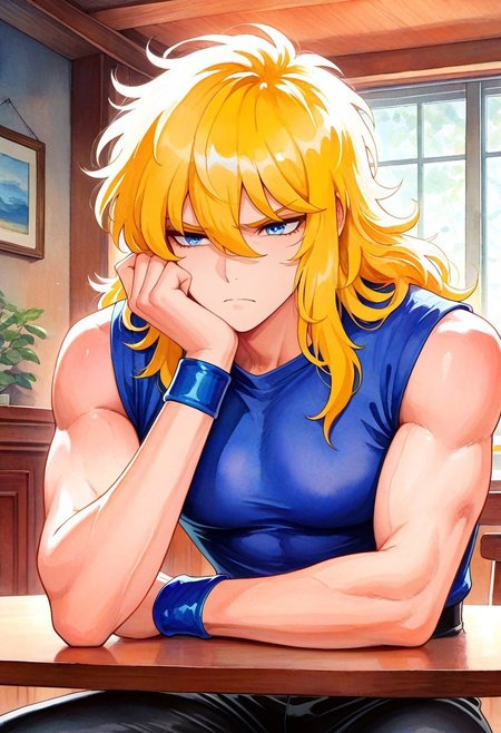 masterpiece, best quality, amazing quality, very aesthetic, absurdres, newest, cygnhyoplain, 1boy, blue eyes, slender figure, toned male, wavy blonde hair, blue sleeveless shirt, blue wristbands, black pants, indoors, table, sitting, elbow rest, furrowed brow, frown, rdf01, watercolor