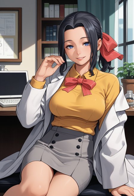 score_9, score_8_up, score_7_up, source_anime, BREAK, solo, 1girl, smile, looking at viewer,  <lora:Mari-pdxl_Fp:1>, maridesu, black hair, blue eyes, ponytail, hair ribbon, collared shirt, yellow shirt, ribbon, lab coat, grey skirt, off shoulder, sitting, parted lips, large breasts,