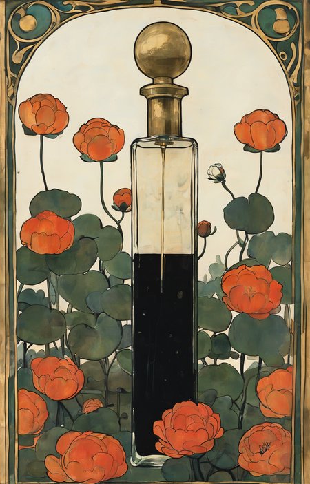 masterpiece,best quality,<lora:tbh269-sdxl:0.9>,illustration,style of Koloman Moser, A bottle of perfume in garden