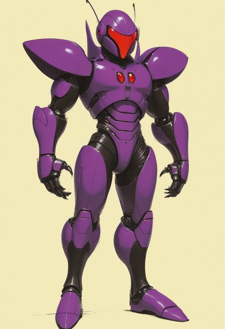 a realistic, detailed full-body 3D model of a slim humanoid bug hero inspired by classic Kamen Rider. The character has a rounded, insectoid helmet with large, textured red compound eyes and black antennae that curve backward, giving a sense of motion. His chest armor is a vibrant purple, segmented to emphasize musculature, with black accents. Angular purple shoulder plates add a heroic silhouette. He wears a utility belt with a central buckle featuring a red gem. The arms and legs are covered in purple and black segmented armor for an exoskeletal look, with knee guards and forearm plates. head to toe, concept art by syd mead, retro futuristic, flat colors