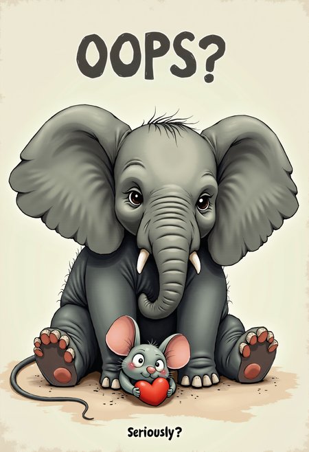 A large elephant sits on a mouse and says "OOPS?", the mouse is lying under the elephant on the ground, the mouse says "Seriously?". Tagline this 'Seriously?' in smaller, white font at the bottom. The mouse is crushed under the weight of the elephant, the mouse's eyes have popped out of their sockets, the mouse's arms are spread wide apart, and in front of them lies a little red heart.