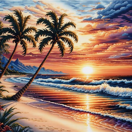 Stunning cross-stitch art, beach sunset, photorealistic, intricate details, warm and vibrant colors, setting sun, reflective ocean waves, palm trees, sandy shore, high contrast, serene and peaceful, fine stitches, glowing light, beautiful gradient sky
