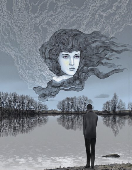 By Anna & Elena Balbusso. A surreal digital illustration shoot from a slightly below camera angle about a surreal landscape with a figure standing by a lake, surrounded by swirling lines and a figure resembling a face. the image also shows a serene lake with reflections of trees in the water. on the middle of the image, a man, who appears to be in his mid-twenties, is standing on the shore of the lake, facing away from the viewer, with his full body visible. he is wearing a black suit and pants, and has a serious expression on his face. his hair is long and flowing, and his eyes are a deep purple color. he has a slim body and is facing the viewer. the background is a gradient of light blue and gray, with a few wispy clouds in the sky, and the lake is calm and still, reflecting the figure and the surrounding landscape. the man is standing with his arms at his sides, and he is not wearing any clothing or pants. the overall mood is one of contemplation and introspection, as if he is lost in thought.