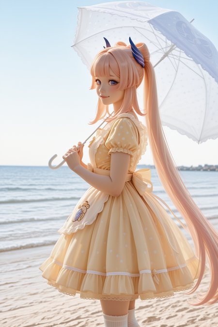 masterpiece, best quality, amazing quality, 1girl, solo, makeup, general, looking at viewer, blush, sunlight, day, beach, smile, bubble, from side, <lora:Sangonomiya_Kokomi_Kokomi:1>, Sangonomiya_Kokomi_Kokomi, very long hair, hair ornament, pink hair, multicolored hair, gradient hair, blunt bangs, bow-shaped hair, purple eyes, vision(genshin impact), sidelocks, blue horns, <lora:PomPomPurinmotifdress:0.9>, PomPomPurinmotifdress, yellow dress, bow, frills, short sleeves, apron, beret, (floppy ears:1.1), polka dot, hair ornament, white socks, ribbon, lace trim, puffy sleeves, mary janes, holding umbrella, <lora:wai-2Rectified-V140:1>, <lora:illustrious_noobai_epsilon_pred_1_masterpieces_v1:1>