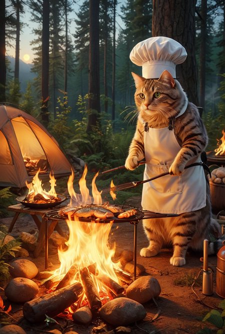 A realistic scene of a chef cat camping in the wilderness, grilling a fish over a campfire. The cat, wearing a traditional chef's hat and apron, stands next to a neatly arranged campsite with a small tent, a backpack, and camping gear scattered around. The campfire emits a warm, flickering glow, illuminating the cat's fur and the fish skewered above the flames. The surrounding forest is lush and green, with tall trees and a clear, starry night sky visible above. The cat's eyes are wide open, intently staring at the fish as it cooks. The scene captures the essence of outdoor adventure and culinary skill, with intricate details and a lifelike atmosphere. High definition, hyper-detailed, realistic, outdoor camping, warm campfire lighting, intricate details, lifelike, chef attire, serene wilderness.
<lora:add-detail-xl:1.0>,
<lora:EldritchMixIllustration_1.0:0.35>,
<lora:WildcardX-XL-Detail-Enhancer:0.8>,
<lora:zavy-cntrst-sdxl:0.7> dark, chiaroscuro, low-key,
<lora:extremely_detailed:1.2>, extremely detailed,