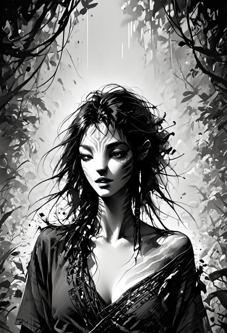 score_9, score_8_up, score_7_up, source_anime, monochromemuse, Expressiveh, monochrome, greyscale, ink splatter, (Avatar navi alien with white skin and black stripes), primitive revealing tunic made of vines and leaves, off shoulder, cleavage, parted lips, light smile, vibrant blue lipstick,