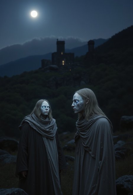 Ethereal humanoid figure with translucent pale skin that shimmers in moonlight, abnormally large reflective blue eyes adapted for night vision, Covered in shadows, stocky build, light blonde hair. Dressed in simple clothing, standing near ancient stone fortress ruins in Appalachian mountains. Nocturnal being who retreats from sunlight. Medieval fantasy style, mystical atmosphere, moonlit scene, in the style of ck-ncr,