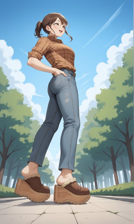 score_9, score_8_up, score_7_up, score_6_up, source_anime,
low angle, from below, from side,
autumn, outdoors, park,
1girl, 
walking, arms out, looking up, happy,
flannel shirt, jeans, round glasses, ponytail, brown hair,
sherpa clogs, platform footwear,
embedding:zPDXLrl ,
embedding:zPDXL2 ,
