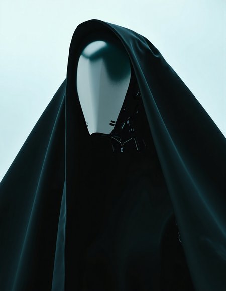 UNI_SCI_FI The image presents a sleek, mysterious robotic figure, draped in a flowing black hood. With an exquisite glossy finish, the head reflects light delicately, creating an entrancing effect. The soft, minimalistic background enhances the subject’s futuristic charm, inviting viewers to ponder the blend of technology and artistry. The atmosphere is both serene and thought-provoking, embodying an innovative Midjourney style that evokes feelings of curiosity and awe. The interplay of shadows and highlights adds depth, emphasizing the unique design. This artwork is a beautiful depiction of modern aesthetics and futuristic themes.