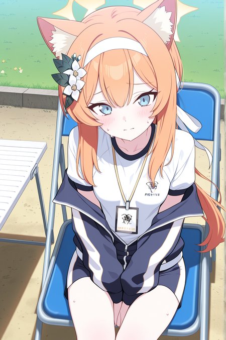 anime_screencap,  masterpiece,best quality,amazing quality, highres,  1girl, solo, Mari_(Track)_(Blue_Archive), blue_eyes, orange_hair, braid, small_breasts, long_hair,  halo, hair_flower, animal_ear_fluff, gym_shorts, blue_shorts, track_jacket, blue_jacket, white_hairband, outdoors, sitting, folding_chair, sweat, off_shoulder,open_jacket, white_shirt, id_card, looking_at_viewer, hands_between_legs, closed_mouth,  
